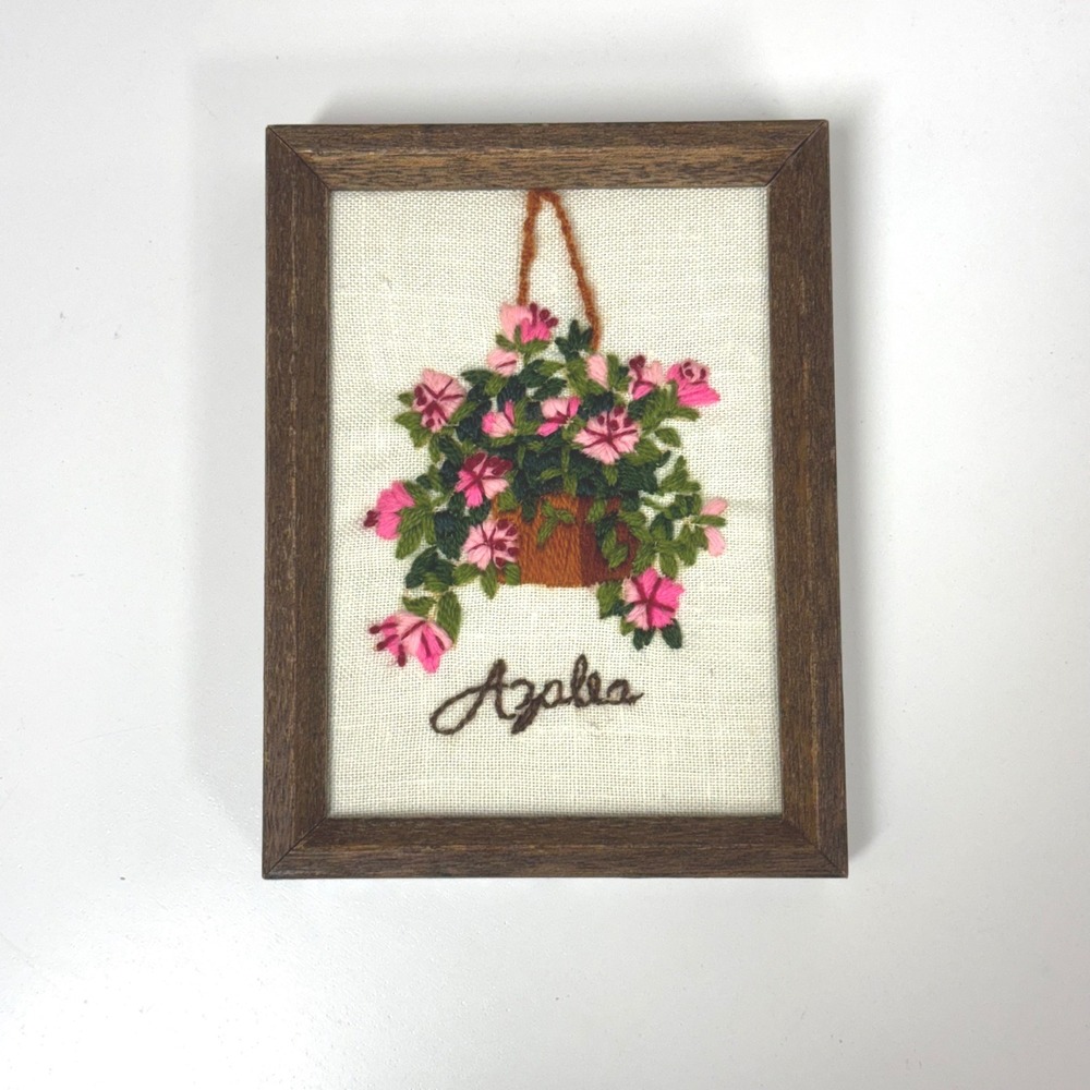 Vtg Framed Azalea Floral Hanging Basket Crewel Embroidery Hand Stitched Wall Art